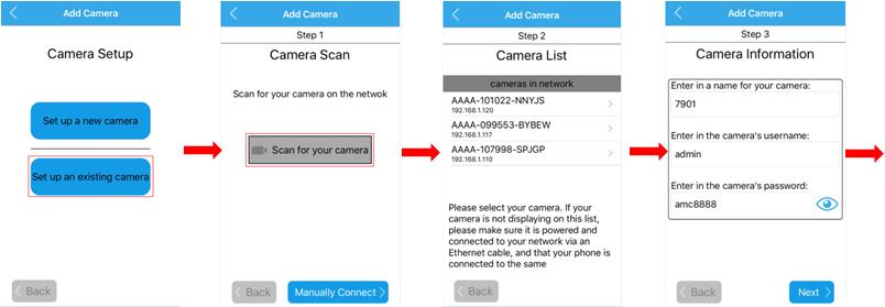 5.1.2 Set up an existing camera. For the FDT camera you have set up before, you can click the button Set up an existing camera to add it into your smartphone or tablet.