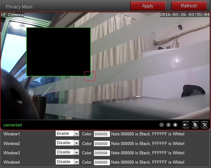 Here you can set the area and color for the privacy mask of your camera, it up to 4 areas.