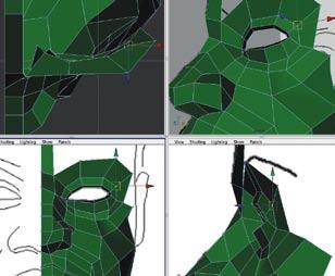 The eye socket is connected to the rest of the mesh by selecting and welding the vertices (green dots).