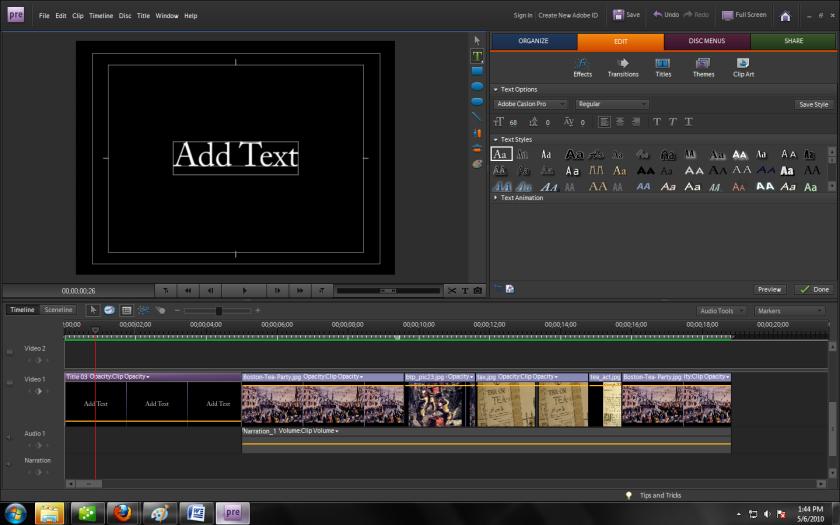 Adding an intro title To add a title at the beginning of the project, position the playhead on the first frame of the timeline and click the T button on bottom right of the Monitor pane.