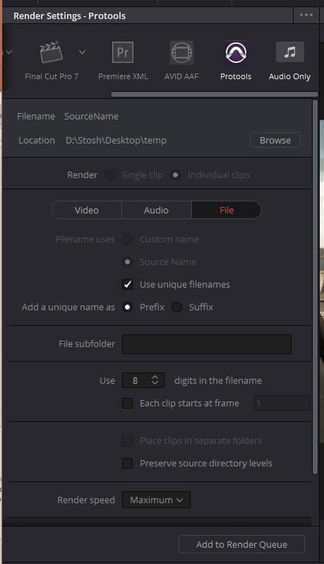 Davinci Resolve:.AAF Export Navigate to Deliver tab Click the Protools preset Match the settings shown: Davinci Resolve only exports referenced.aaf s.