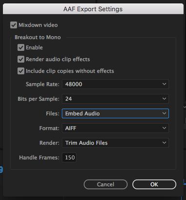 Adobe Premiere:.AAF Export File>Export>AAF Match the settings shown: Mixdown video is not required, but suggested.