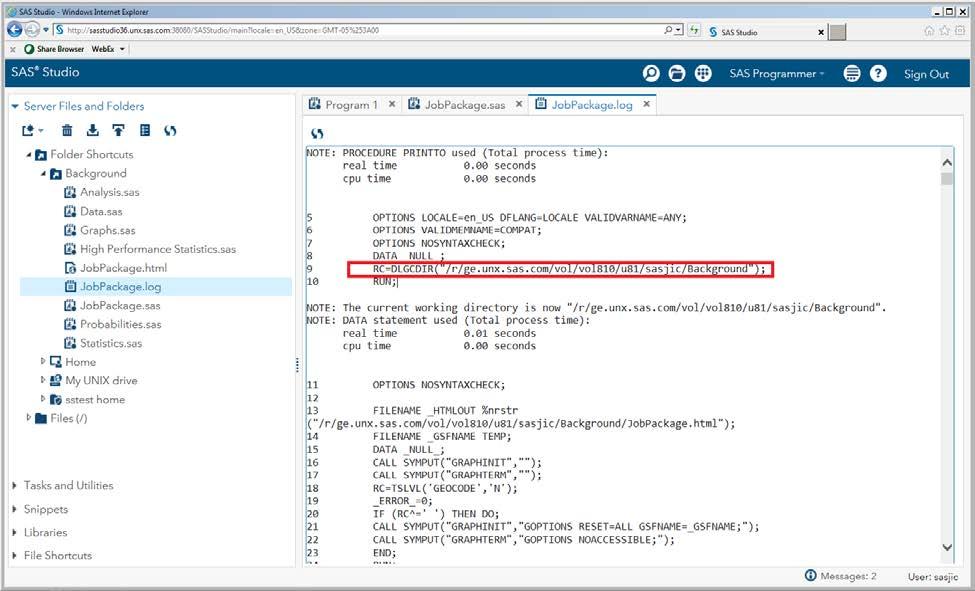 To see the code that SAS Studio adds to your program to set the working directory, select the Show generated code in