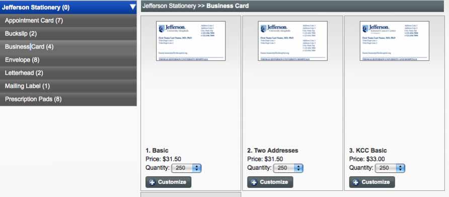 6. Select an item (Appointment card, Buckslip, etc.) I chose Business Card. Then you can choose a specific item from within that category.