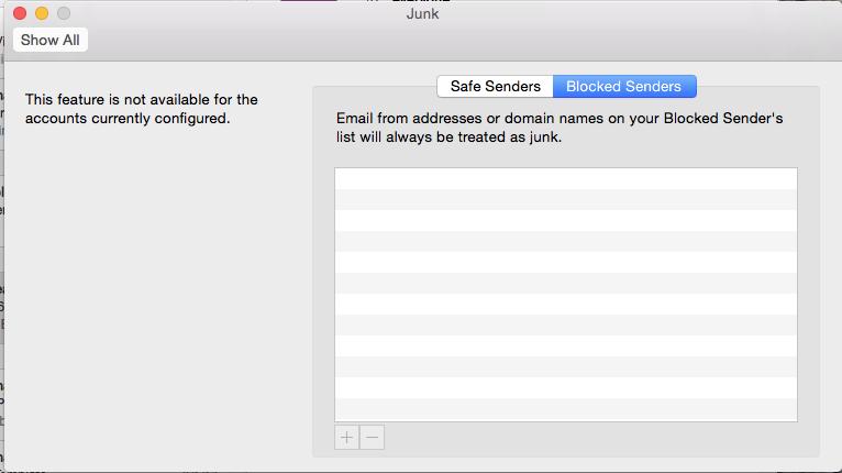 6. This is what the Blocked Senders list looks like *Please note: Per Microsoft the Safe Senders and Blocked Senders lists cannot be managed using Outlook on a MAC.