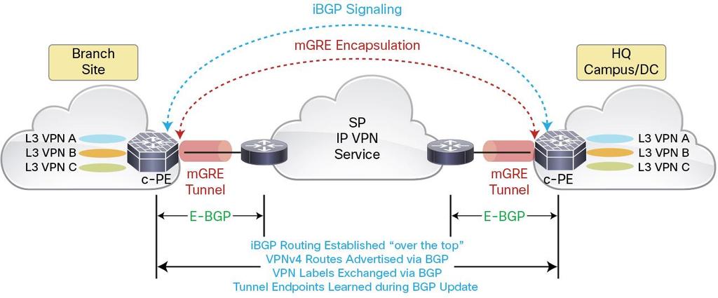 In addition, MPLS VPN over mgre also allows both IP transport and legacy MPLS forwarding to coexist in the same PE.