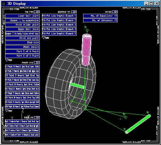 154 Getting Started with Lotus Suspension Analysis 13 Interactive Template Builder Module Connect the Wishbone Inner pivots to Ground, Edit / Template Builder Actions / Join Part to Ground (at Point).