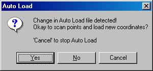 Once a change is detected, LSA will open a prompt to tell you that a change in the file has been noted. Select Yes. Auto-load prompt Choosing yes will scan the file and load the new co-ordinates.