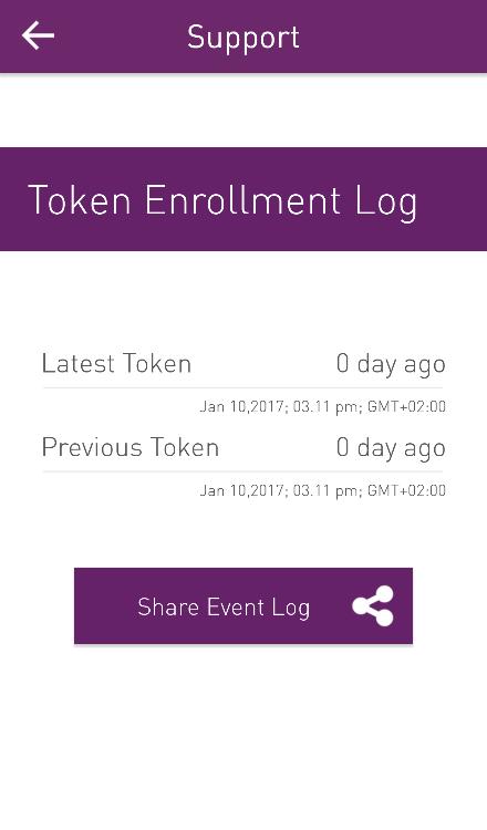 Viewing Token Enrollment Log You can view a log of SafeNet MobilePASS+ events, and can send a file of the log to a recipient.