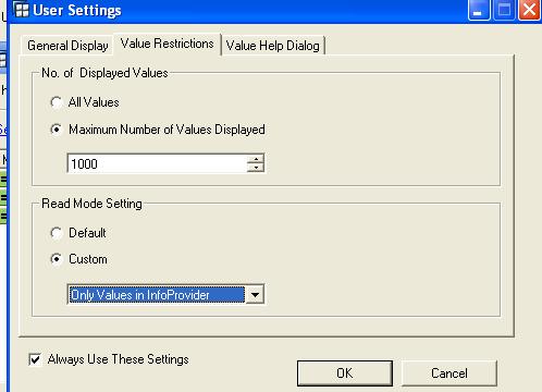 After choosing the input help, click on settings icon, In the next screen, choose value restriction tab Read mode setting as Custom only values in infoprovider.