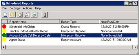 About the Scheduled Reports Client interface The Scheduled Reports Client user interface includes a menu bar, toolbar, and a report list.