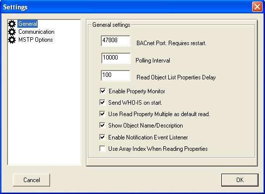 5. Configuring BACnet Lookout Before any work can be done it s necessary to configure the application to the system. Click on the Edit menu and select the Settings option.
