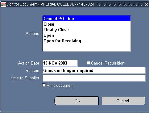 A small window will open giving you a list of options. Double click on the Cancel PO Line option.
