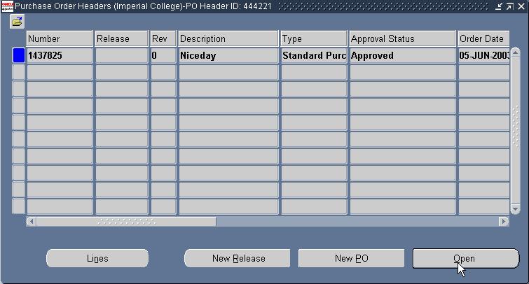 The purchase order summary information will appear on the screen. Check the status: FINALLY CLOSED no changes need to be made.