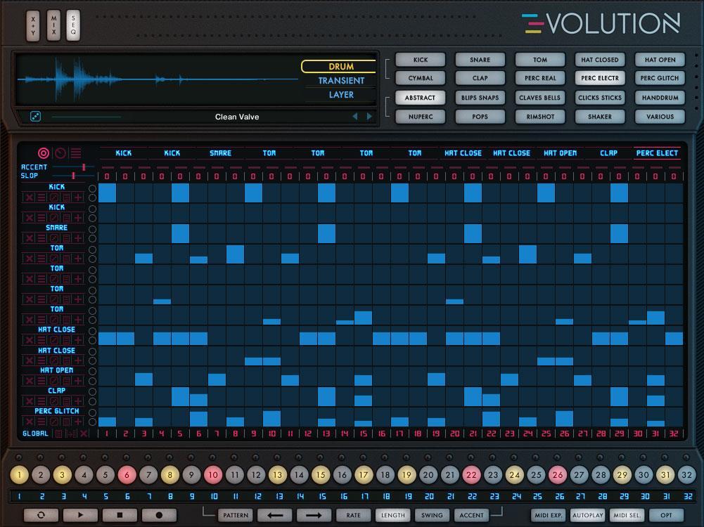 Sequencer Page - Overview Evolution: Sequencer Page Enables the Global Sequencer view for a more thorough and complete view of the Drum Sequencer and its associated controls.