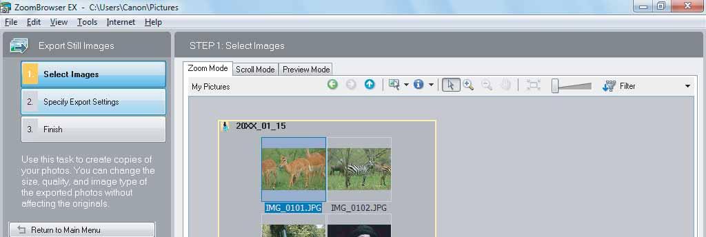 3 Select images and click [Specify Export Settings]. 4 Specify the export settings and click [Finish].
