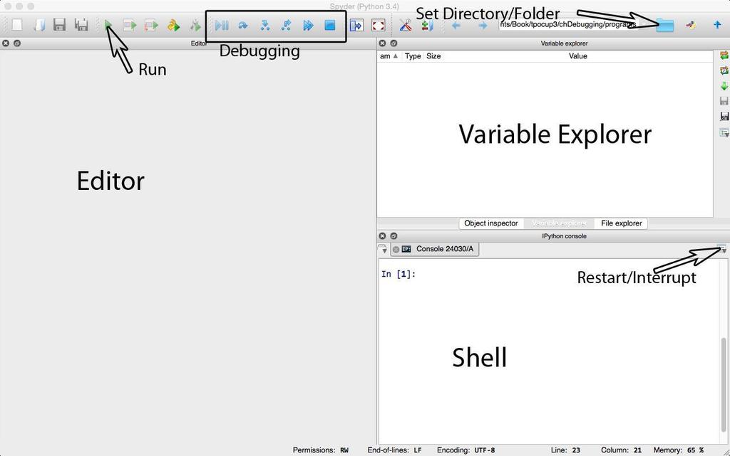 3. Using Spyder There are three parts to the window: The left half is where you write your programs.