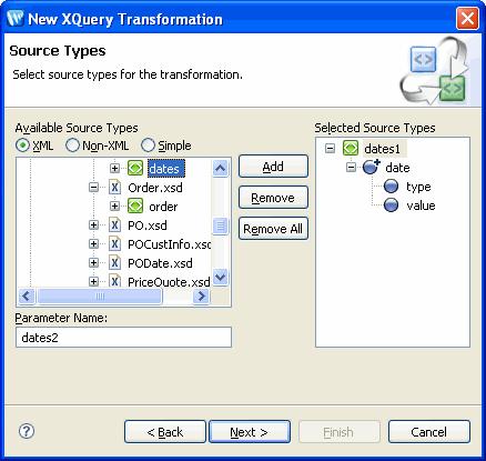 Transforming Data Using XQuery Mapper Note: For schemas to be displayed in the Available Source Types and Available Target Types pane, the XML and non-xml files that contain these schemas must first