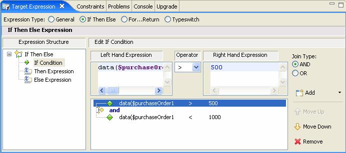 Editing Data Transformations Figure 2-11 If-Then-Else Expression in Target Expression View You can change the position of a condition by selecting it and then clicking the Move Up or Move Down button.