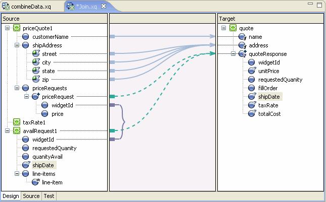 Examples: Data Transformation Using XQuery Mapper 1. Open Join.xq in the Design view. 2.