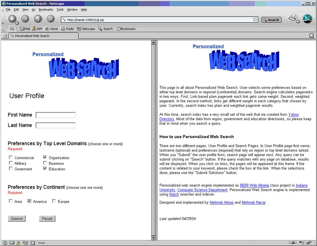 Figure 1. Web-based interface to conduct our user study. Top: User Profile Page.