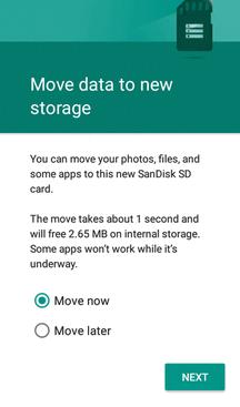 Note: If you move files and data to the SD card, it will be used to save new apps data and personal data (such as photos and videos) and only the SD card is accessible from a computer.