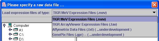 When the file system browser is displayed, first specify the file format of the input data files from the Load expression files of type drop-down list: In this release of the software, MIDAS only