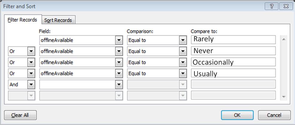 x. Choose offlineavailable in the dropdown for the next Field: y. Choose Equal to for the Comparison: z. Enter Usually for the Compare to: aa. Click OK in the Filter and Sort dialog box bb.