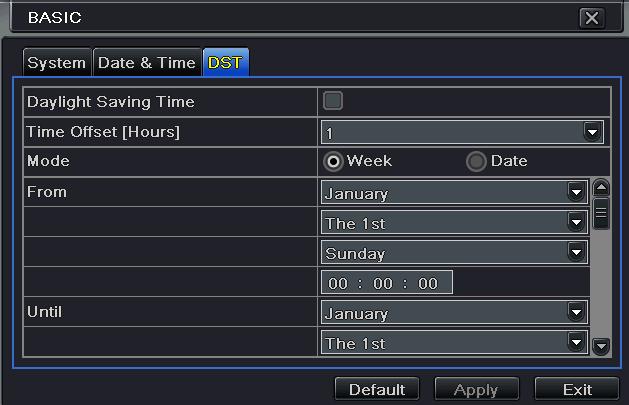 Fig 4-5 Basic Configuration-DST In this interface, enable daylight saving time, time offset, mode, start & end month/week/date, etc.