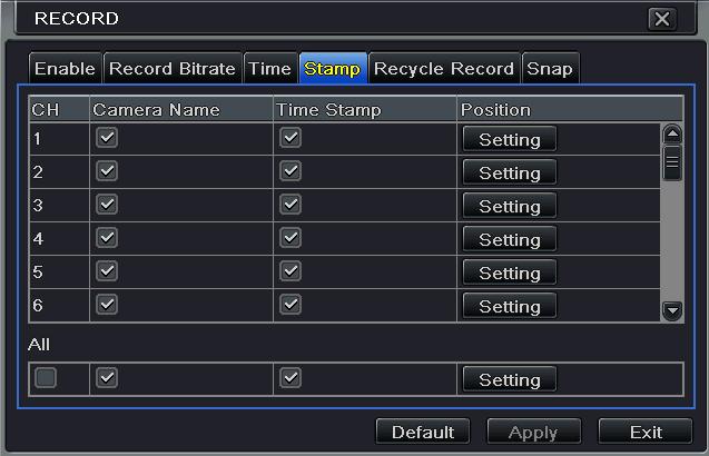 Fig 4-1 Record Configuration-Stamp Checkmark camera name and time stamp. Click Setting button to set up the position of the stamp. You can drag the camera name and time stamp at random positions.