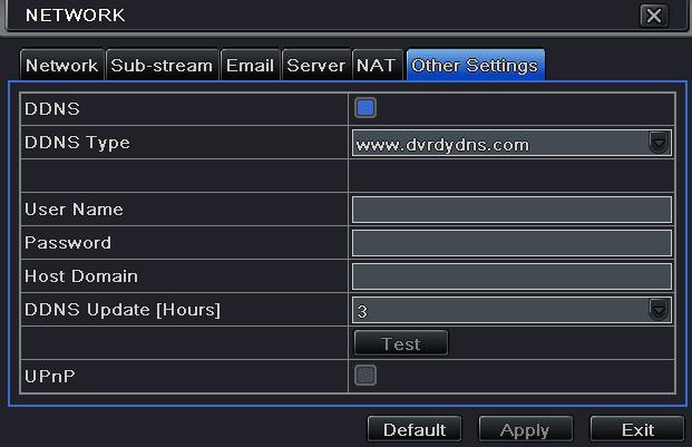 The setting steps are as follows: 1 4 5 Enable DDNS server. Select DDNS server. Enter user name, password and host domain name of the registered website.
