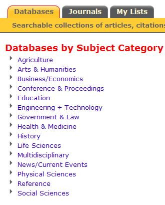 For example for Education would get the following list: Subject Categories All categories Expanded category The number to the right of the subcategory is the number of databases in this grouping.