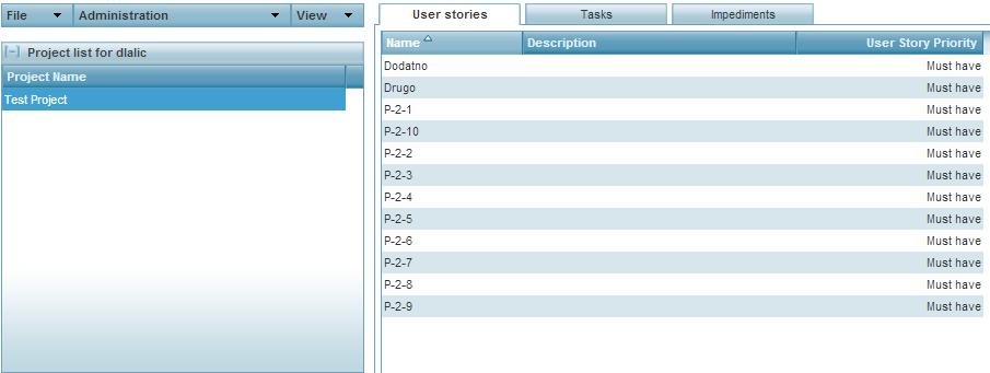 Potrebno je le označiti projekt in v razdelku User stories se z desnim klikom na miško vnašajo zapisi zahtev.