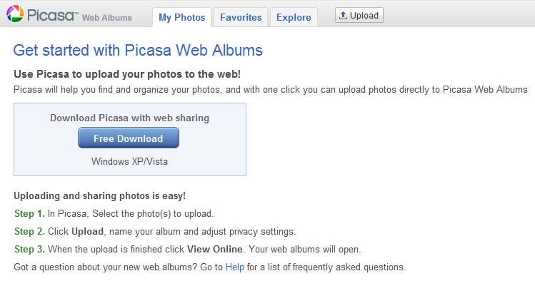 3. Adding images to Picasa account After the login to Picasa, your personal homepage appears. It is now possible to download the Picasa software by clicking the Free Download button.