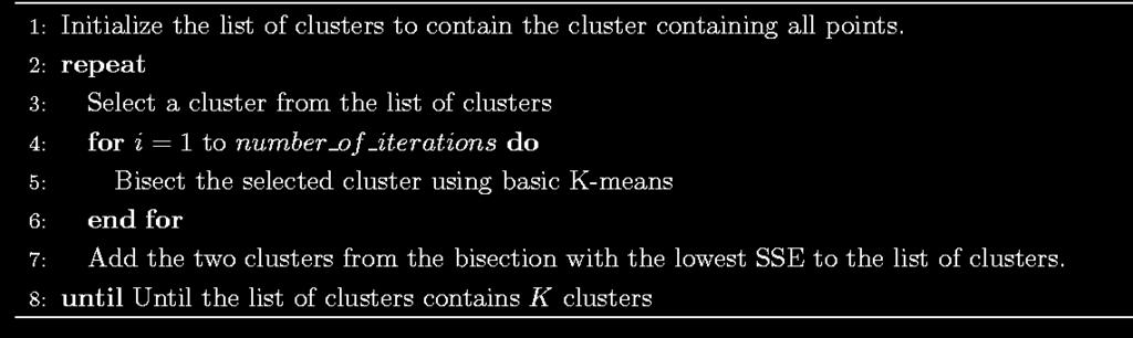 Bisecting K-means Bisecting K-means Eample Bisecting K-means algorithm Variant of K-means that can produce a partitional or a hierarchical clustering Tan,Steinbach, Kumar Introduction to Data Mining
