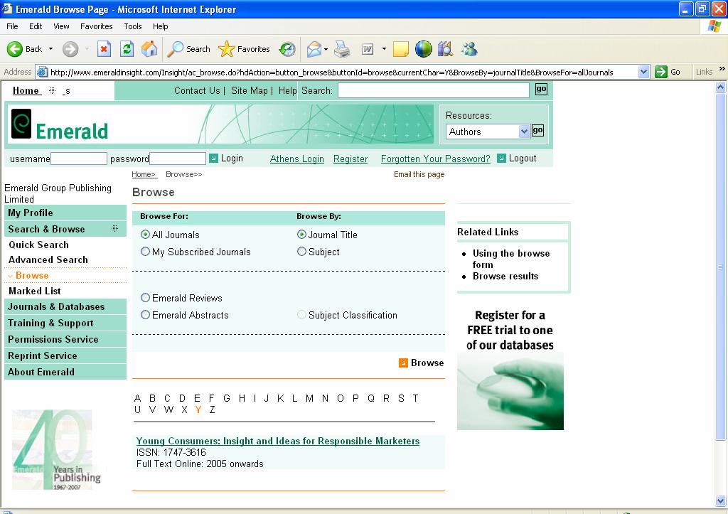 Browse Click on browse tab on the left side navigation bar. Users can browse across the information on Emerald. The screen shot of browse is given below.