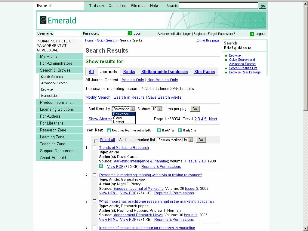 Search Result User will get the following search result for given term marketing research. It will display all the relevant articles with HTML and PDF link to that full text article.