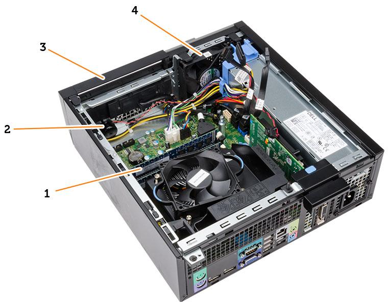 6. drive cage 7. optical drive 8. power switch 9. input/output (I/O) Panel 1. memory module 2. speaker 3. front bezel 4. system fan Removing the Cover 1.