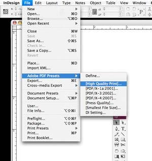 After updating all your fonts and links you can export your PDF in InDesign by following these steps: Exporting your file as a High Quality PDF Go to File pull down menu and select Adobe PDF Presets