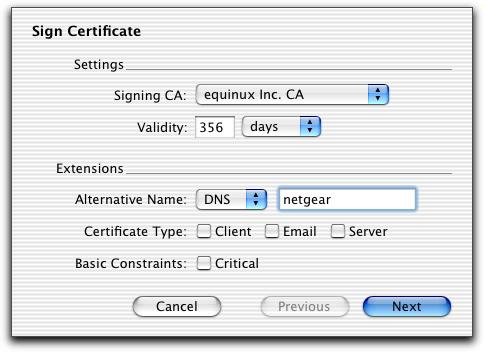 The Alternative Name field is pre-defined with the value you entered in the certificate signing request.