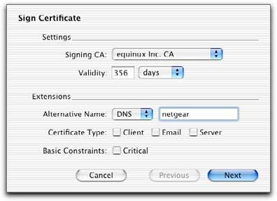 The Alternative Name field is predefined with the value you entered in the certificate signing request.