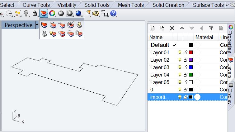 Arch534 Spring 2015 To view Rhino s layers window, click on the Layers icon in the top tool tray in