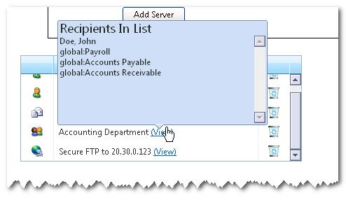 Chapter 4 Scheduling Reports 7. Distribution list names can be identified by the icon and a (View) hotspot following the name.