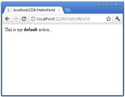 publicstringindex() { return"this is my <b>default</b> action..."; // // GET: /HelloWorld/Welcome/ publicstringwelcome() { return"this is the Welcome action method.