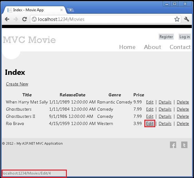 Examining the Edit Methods and Edit View In this section, you'll examine the generated action methods and views for the movie controller. Then you'll add a custom search page.