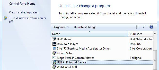 Step 2: Select the USB PnP Sound Device and click on Uninstall/Change.