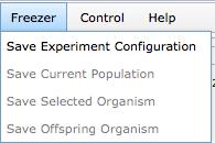 saved to the freezer for later resuse. Control Menu - Run/Pause a population that is set up in the Petri Dish.