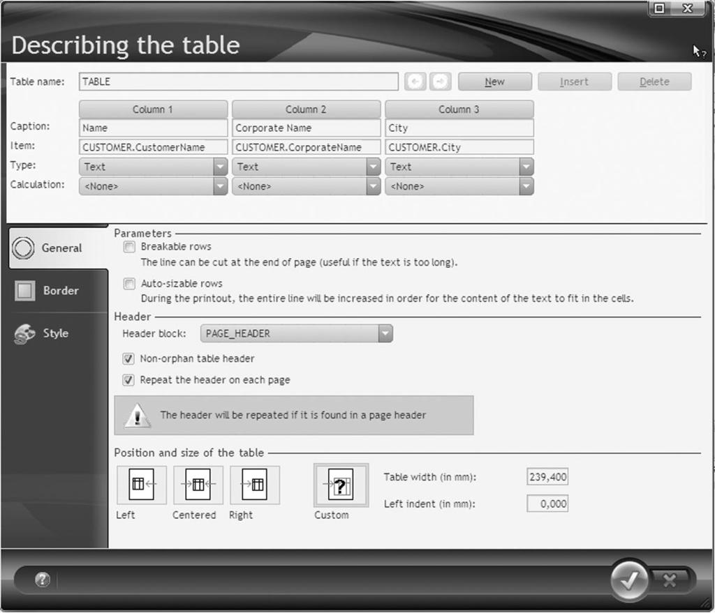 103 7.3 Describing the table To display the table description, select "Table Description" from the popup menu of a table element (cell belonging to the header, to the data or to the totals).