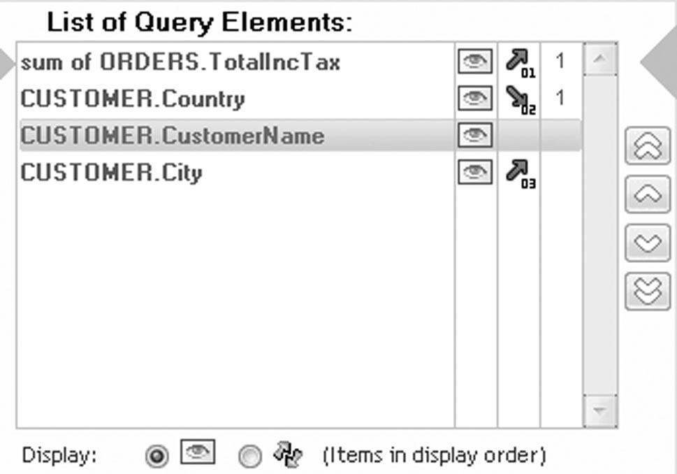 196 To display/hide an item in the result of the query: 1. Select "Query.. Query description". The description window of the query is displayed. 2.