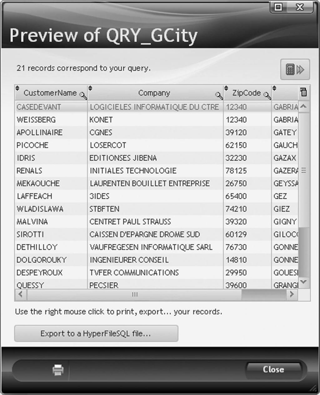 208 4.RUNNING THE TEST OF A QUERY AND USING IT 4.1 Test of the query The query editor enables you to run the test of the query result. To do so, click "Query.. Run the query test").